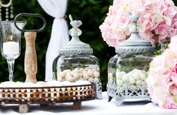 table of desserts and flowers