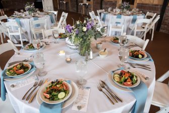 Wedding reception pacesetting with salad and water glasses
