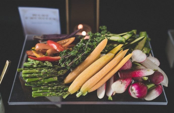 Fresh crudite display on a metal tray