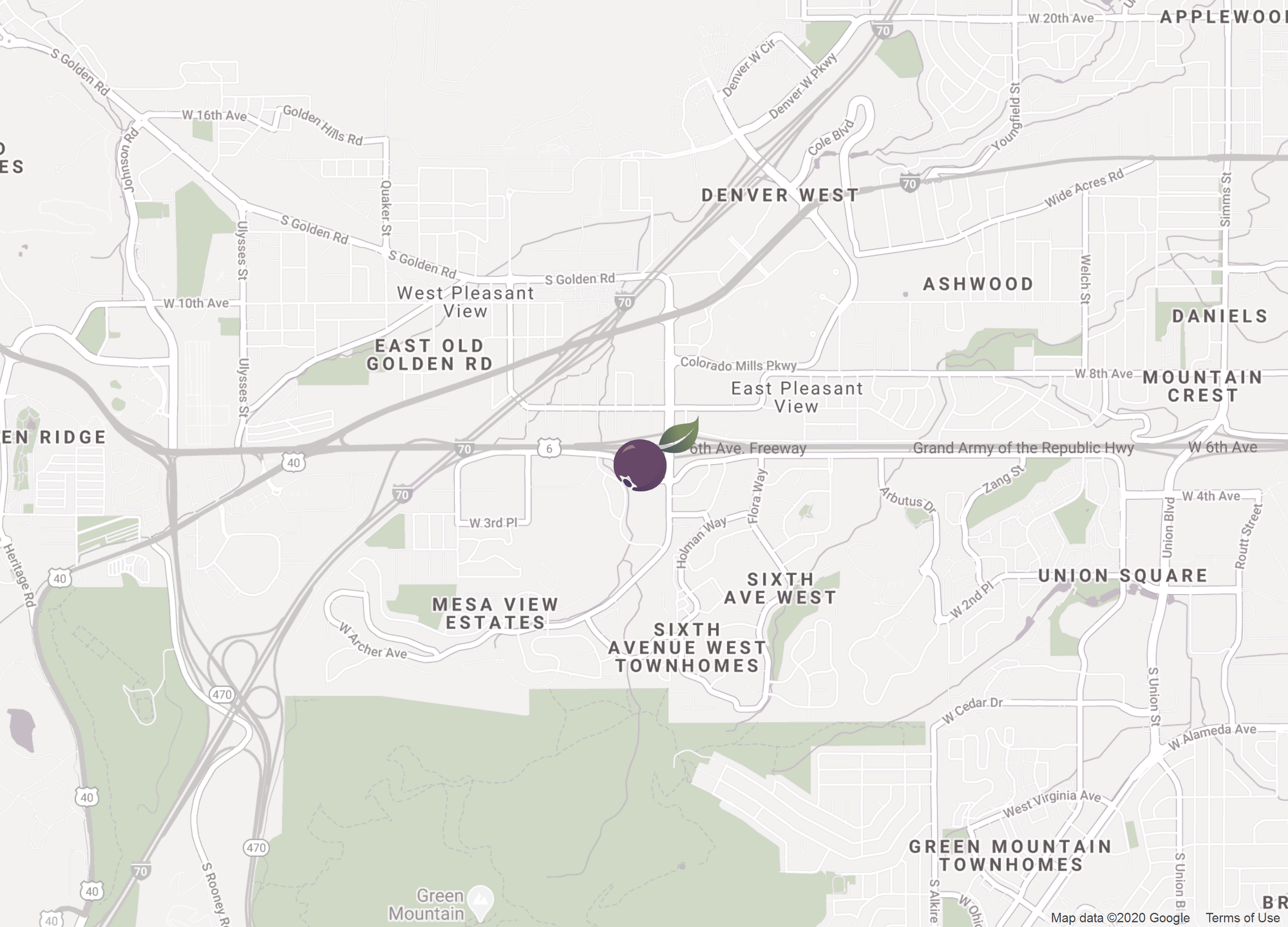 Street map showing the location of Biscuits and Berries in Golden, Colorado