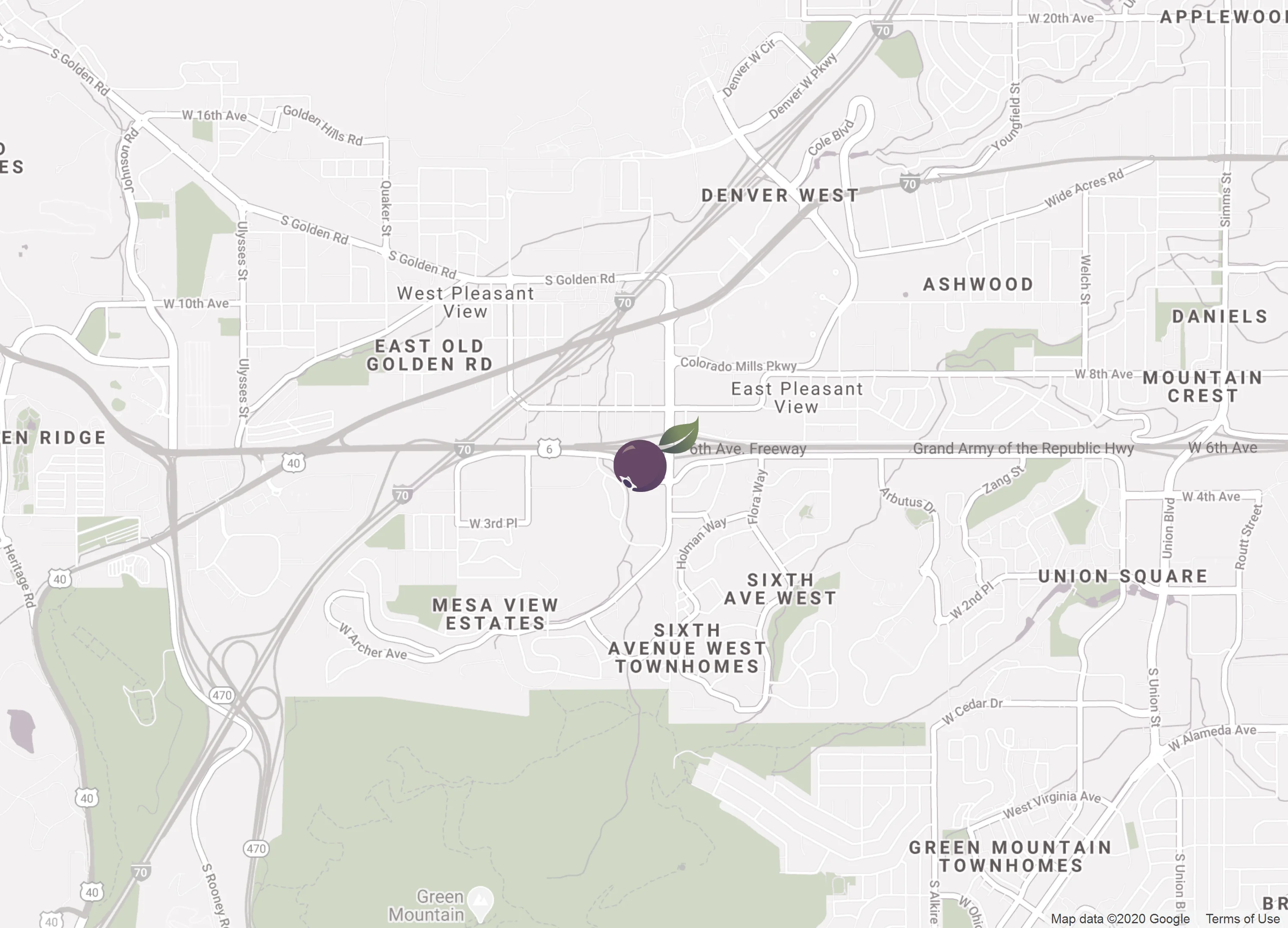 Street map showing the location of Biscuits and Berries in Golden, Colorado