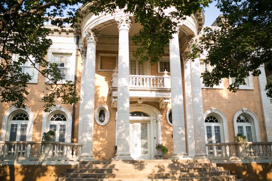 Low angle view of the front of the Grant Humpreys Mansion
