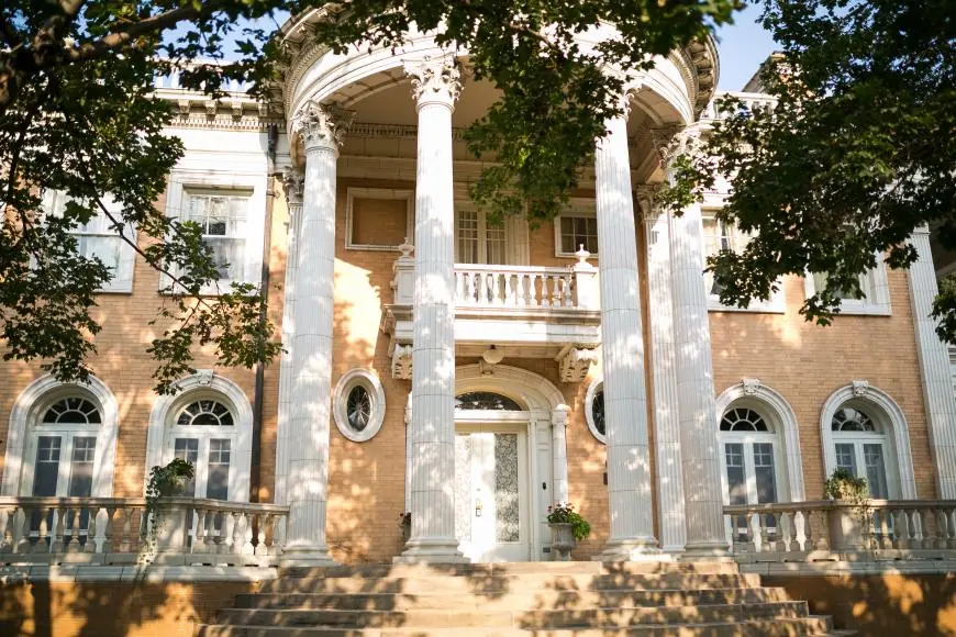 Low angle view of the front of the Grant Humpreys Mansion