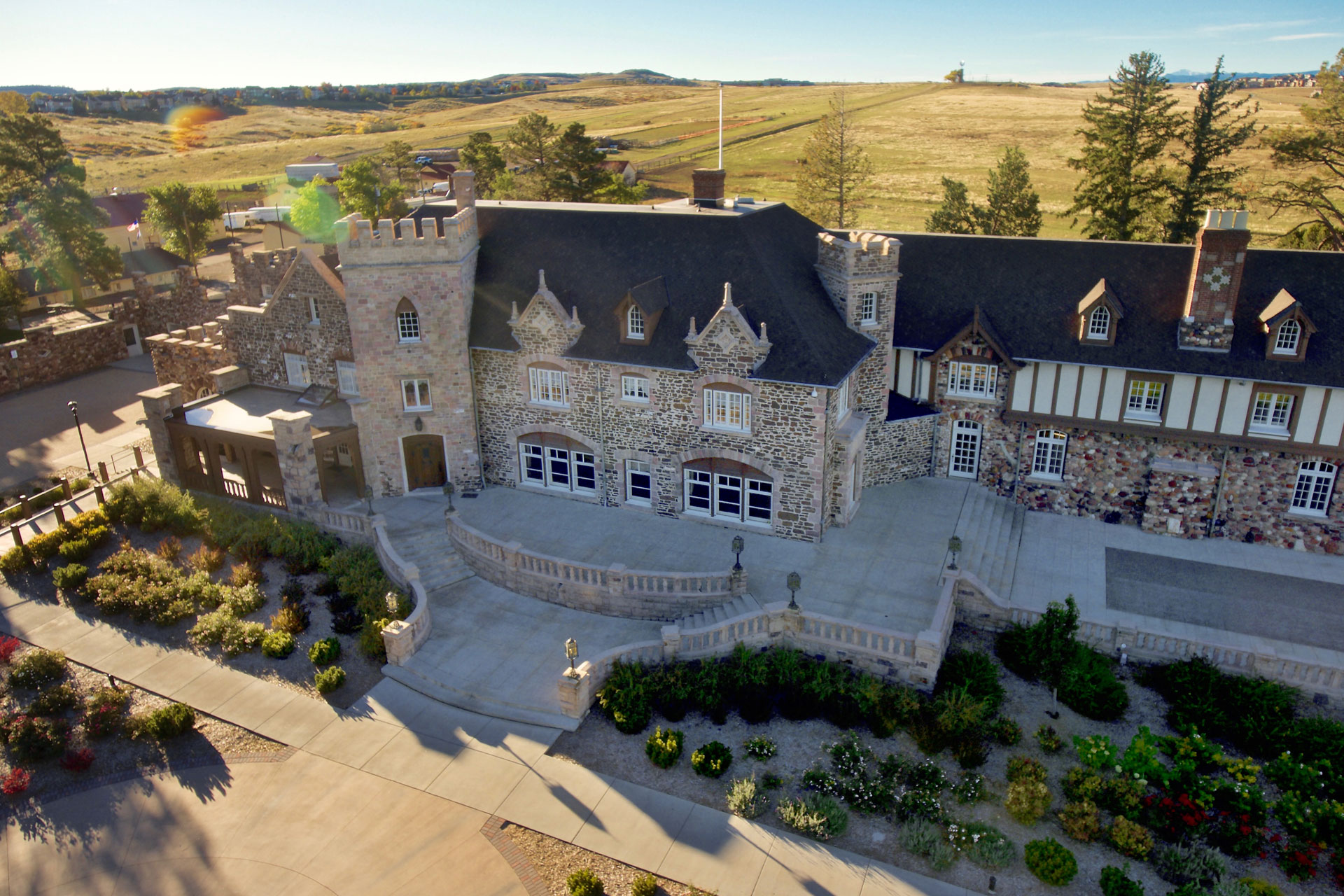 Exterior aerial shot of Highlands Ranch Mansion