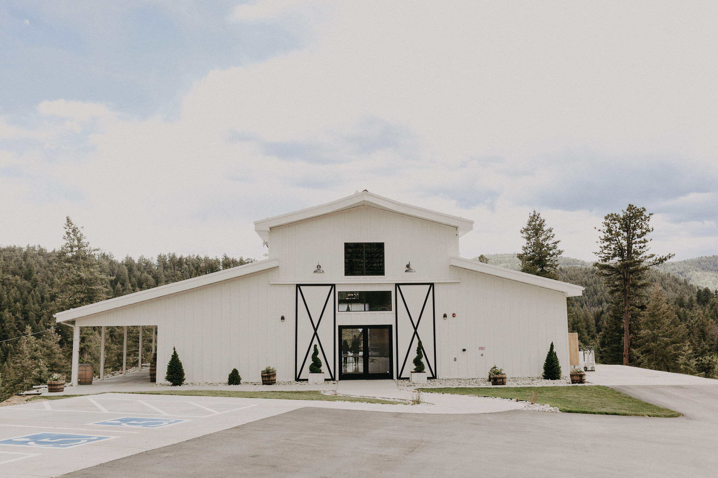 Large white barn at Woodlands