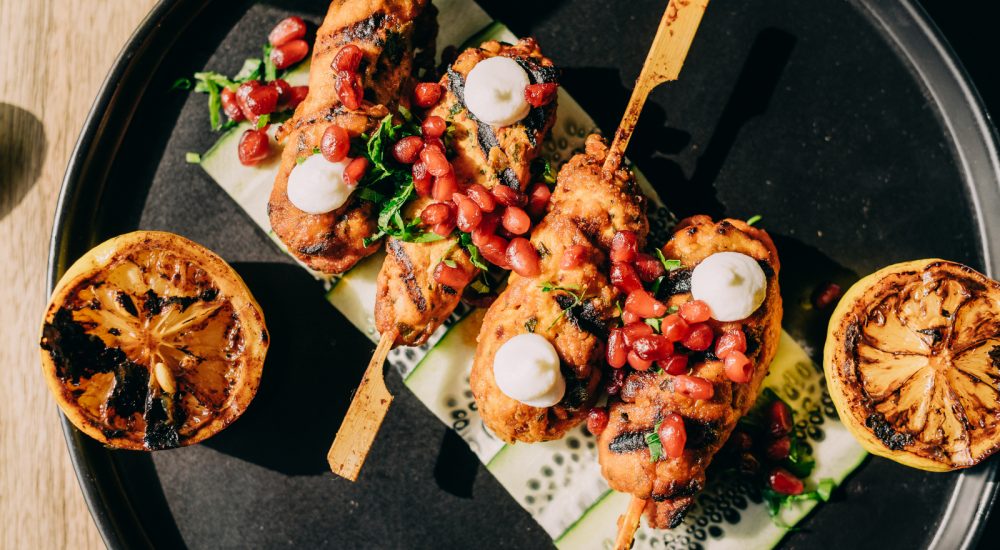 overhead shot of grilled appetizers