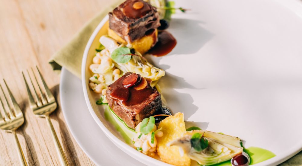 contemporary meal plated food on white place setting