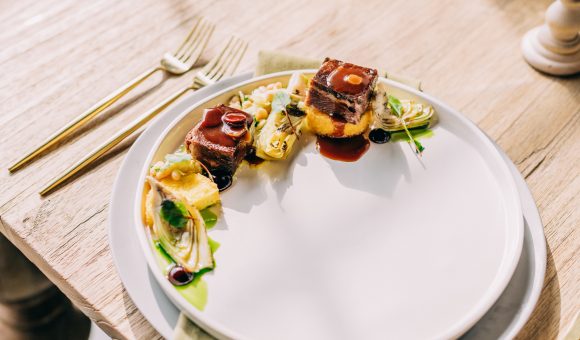 contemporary meal plated food on white place setting