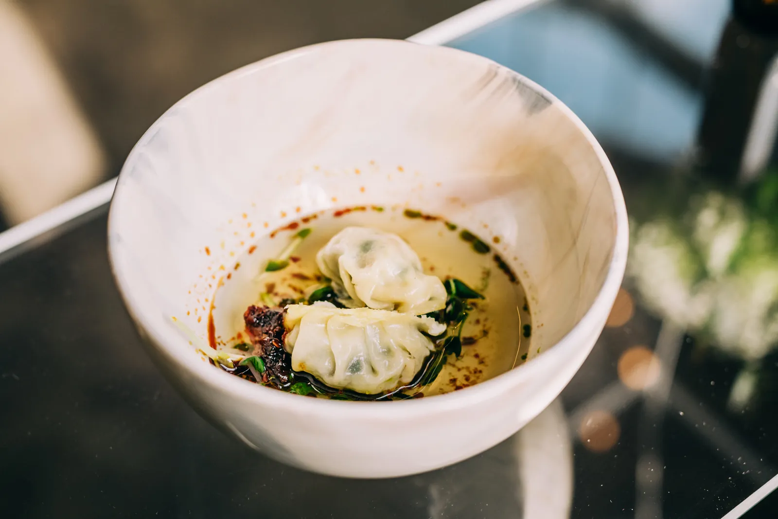 close up image of dumpling soup